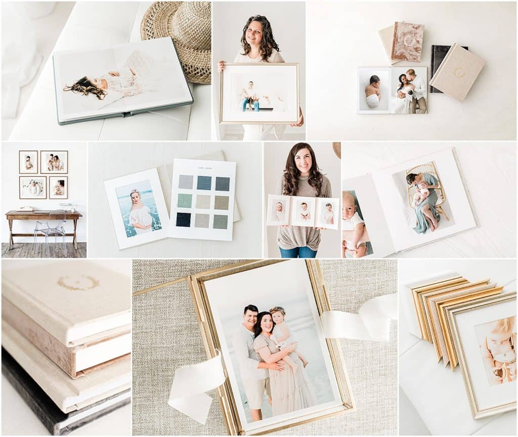 collage of heirloom albums framed prints and wall art from a 30A newborn photographer