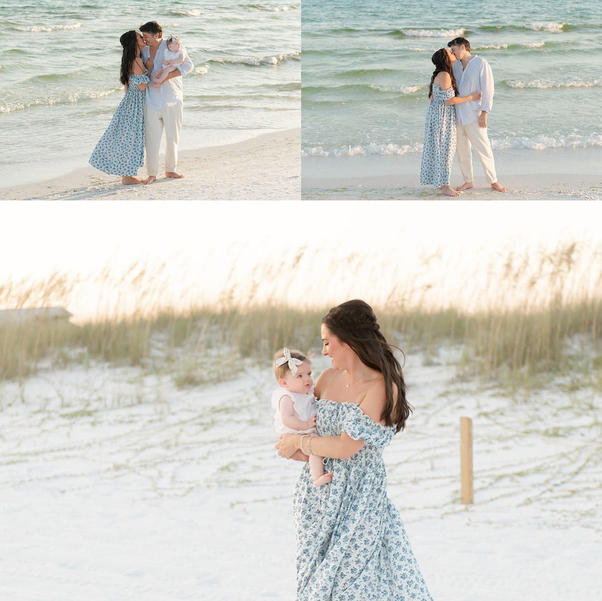 A woman, man, and baby pose for fall family photos Destin on a sandy beach; she holds the baby in two images.